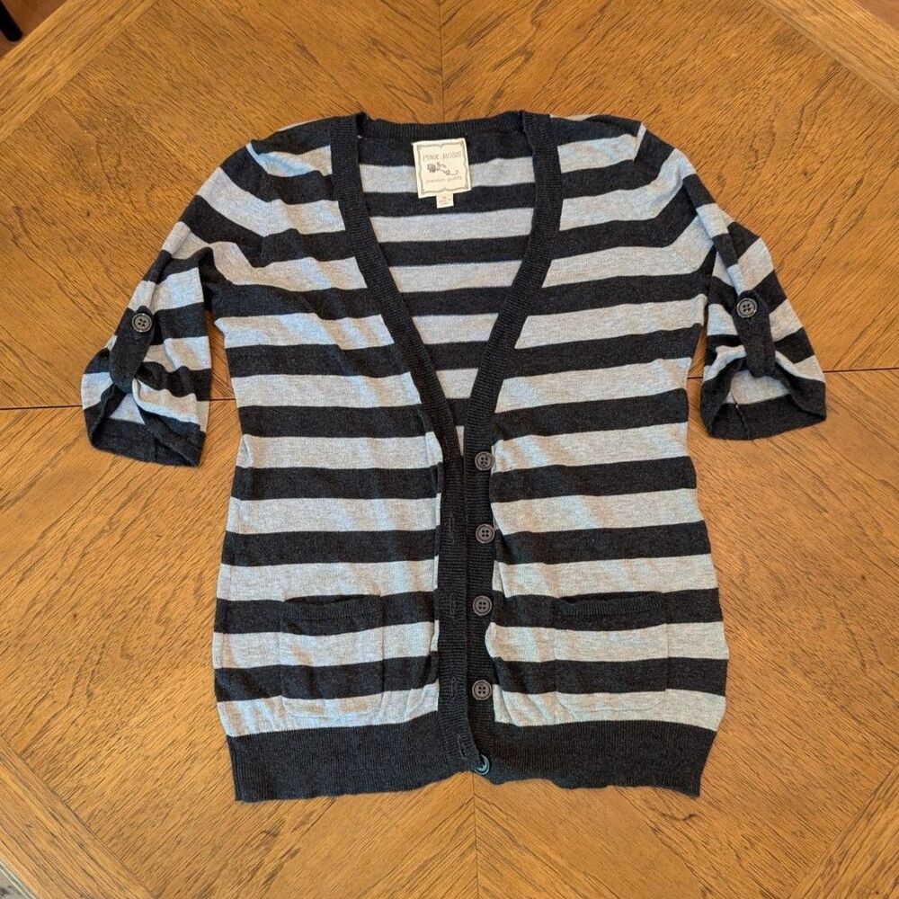 Y2k Pink Rose Striped Short-Sleeve Cardigan Sweater Grey Black Juniors Medium